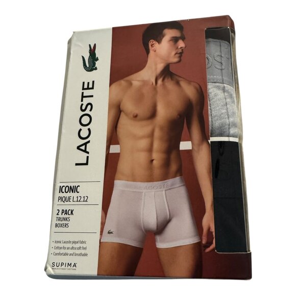 LACOSTE Men’s 2 Pack Iconic Pique Trunks Boxers Gray Black Size XL Supima Cotton - Picture 1 of 3